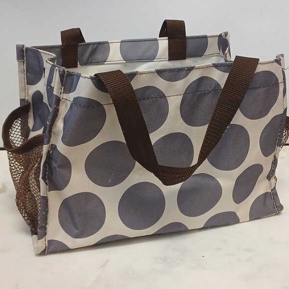 Thirty-One Organizing Keep It Caddy Tote Real Mod Dot Large Circles Gray Taupe - Picture 1 of 17